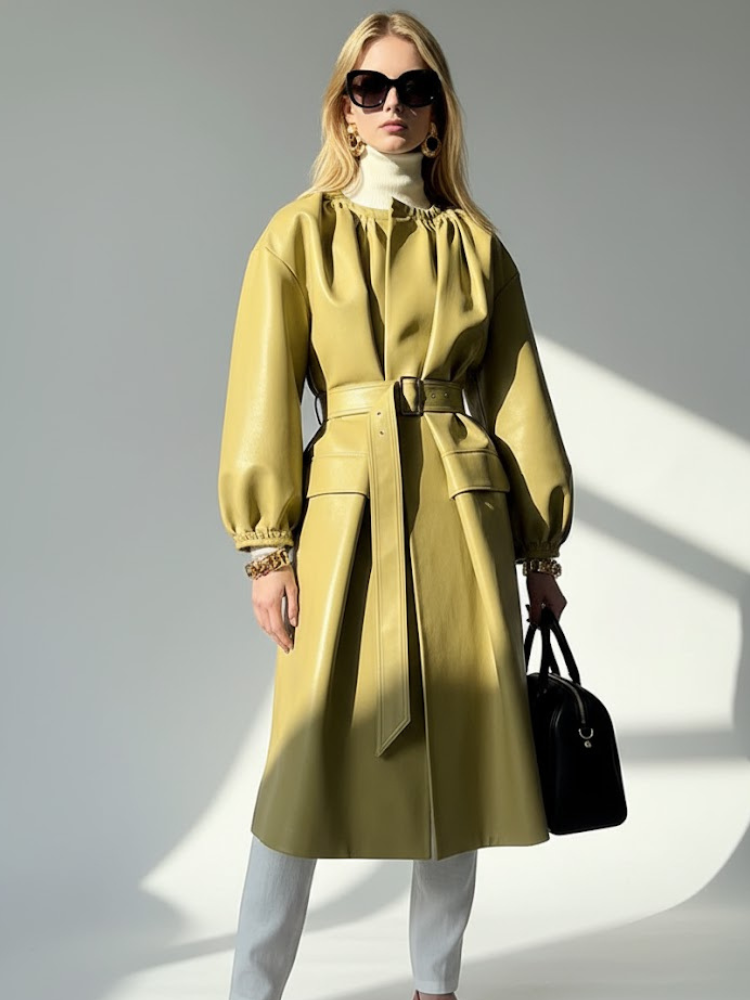Women's Long Vegan Leather Trench Coat PISTACHIO UPPER WEST COUTURE BYMANYC ® New York - BYMANYC ® New York  