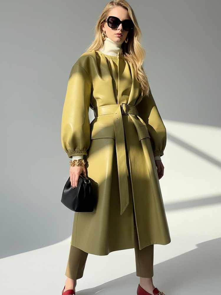 Women's Long Vegan Leather Trench Coat PISTACHIO UPPER WEST COUTURE BYMANYC ® New York - BYMANYC ® New York  