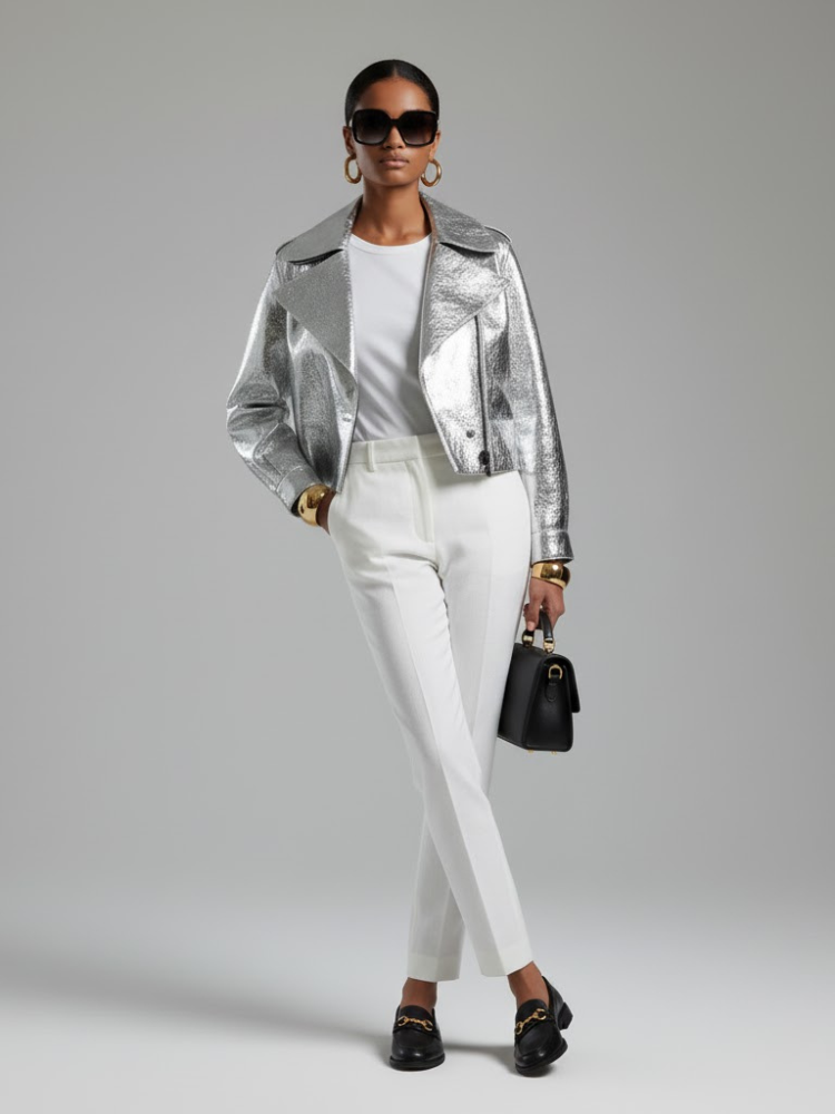 Women's Metallic Vegan Leather Biker Jacket SILVER WALL STREET COUTURE BYMANYC ® New York - BYMANYC ® New York  