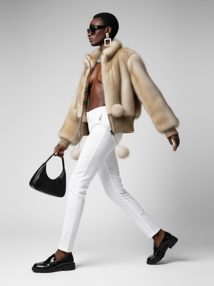 Women's Statement Faux Fur Bomber Jacket BEIGE - DYKER HEIGHTS: New Collection COUTURE in BROOKLYN - BYMANYC ® New York - BYMANYC ® New York  