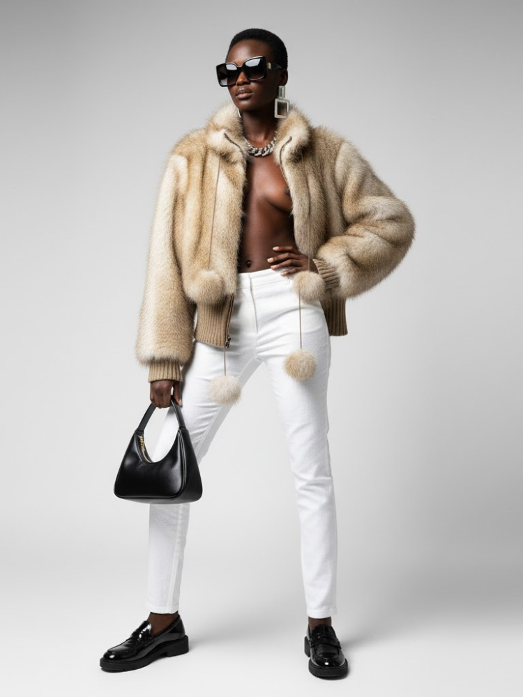 Women's Statement Faux Fur Bomber Jacket BEIGE - DYKER HEIGHTS: New Collection COUTURE in BROOKLYN - BYMANYC ® New York - BYMANYC ® New York  