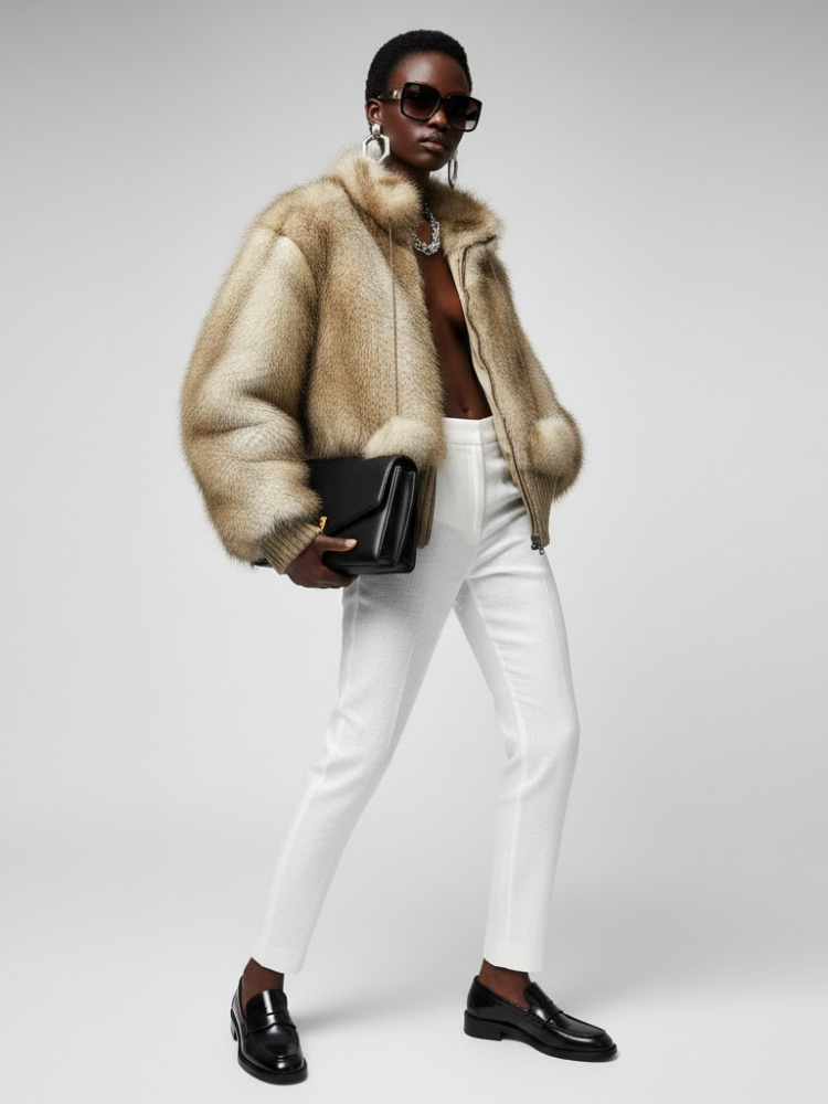 Women's Statement Faux Fur Bomber Jacket BEIGE - DYKER HEIGHTS: New Collection COUTURE in BROOKLYN - BYMANYC ® New York - BYMANYC ® New York  