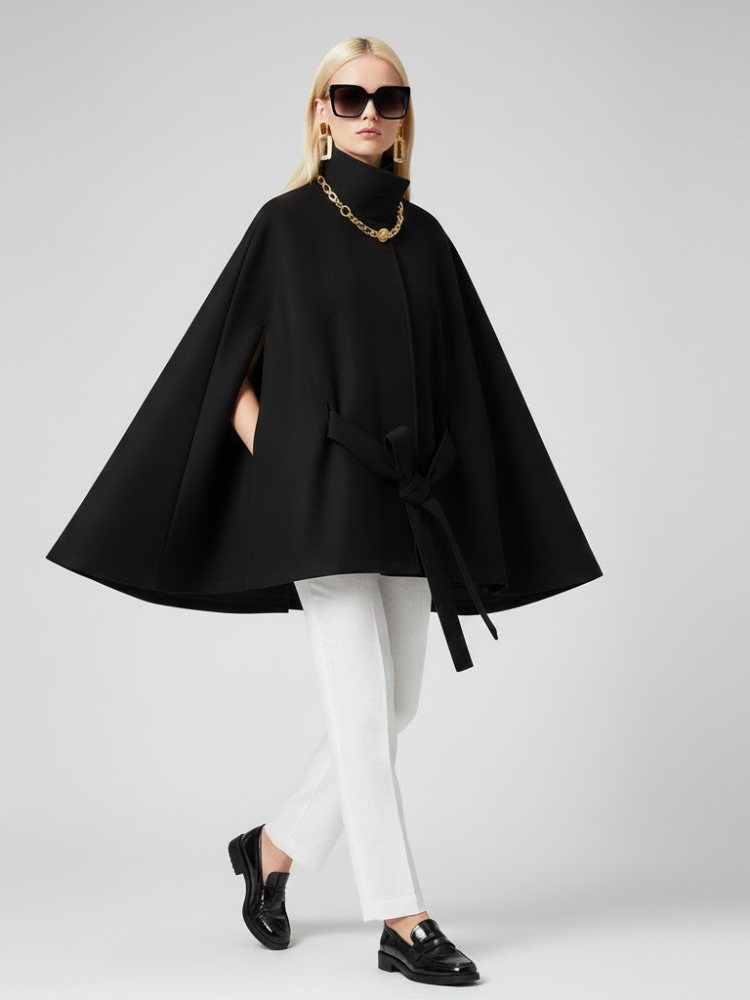  Women's Structured Sash Cape BLACK - PROSPECT HEIGHTS: New Collection COUTURE in BROOKLYN - BYMANYC ® New York  NYC Wholesale Boutique Inventory - No MOQ & Ready to Ship