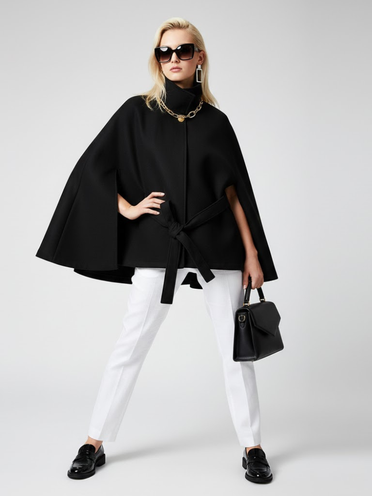  Women's Structured Sash Cape BLACK - PROSPECT HEIGHTS: New Collection COUTURE in BROOKLYN - BYMANYC ® New York  NYC Wholesale Boutique Inventory - No MOQ & Ready to Ship