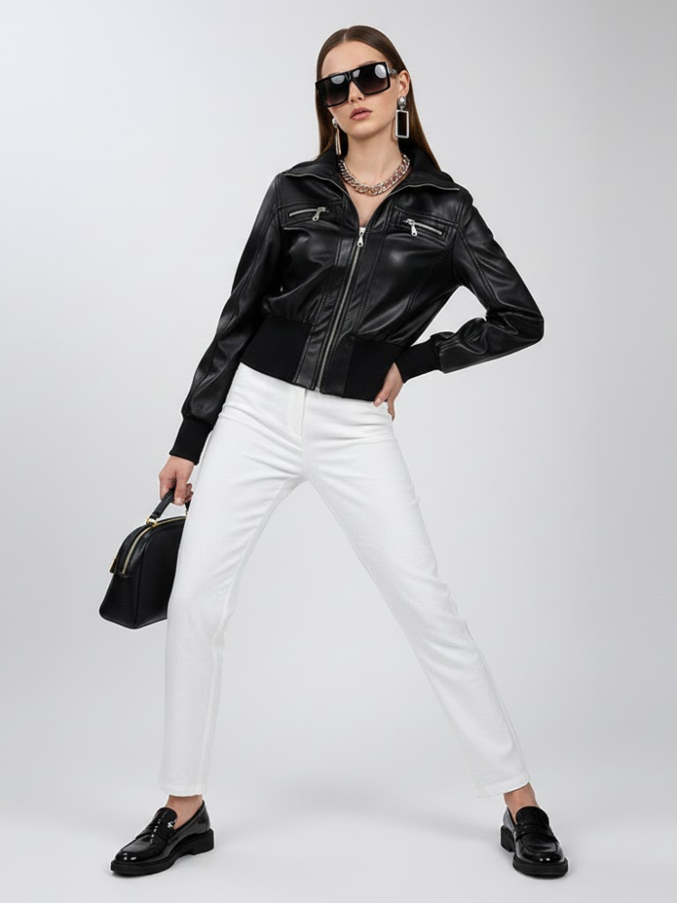 Women's Vegan Leather Bomber Jacket BLACK - FLATBUSH: New Collection COUTURE in BROOKLYN - BYMANYC ® New York - BYMANYC ® New York  