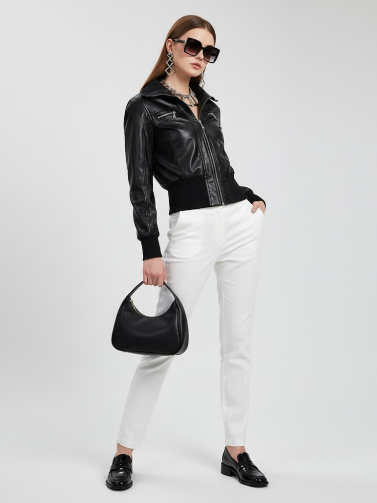 Women's Vegan Leather Bomber Jacket BLACK - FLATBUSH: New Collection COUTURE in BROOKLYN - BYMANYC ® New York - BYMANYC ® New York  