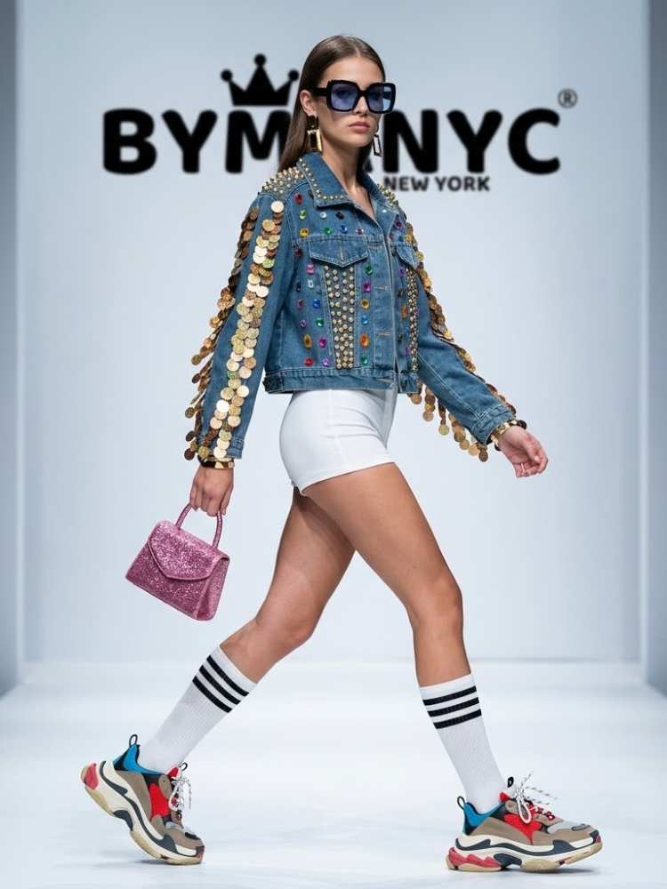 Women's Gold Coin & Rhinestone Embellished Denim Jacket BYMANYC ® New York CONTEMPORARY VIBRANT MODERN OUTERWEAR - New Collection