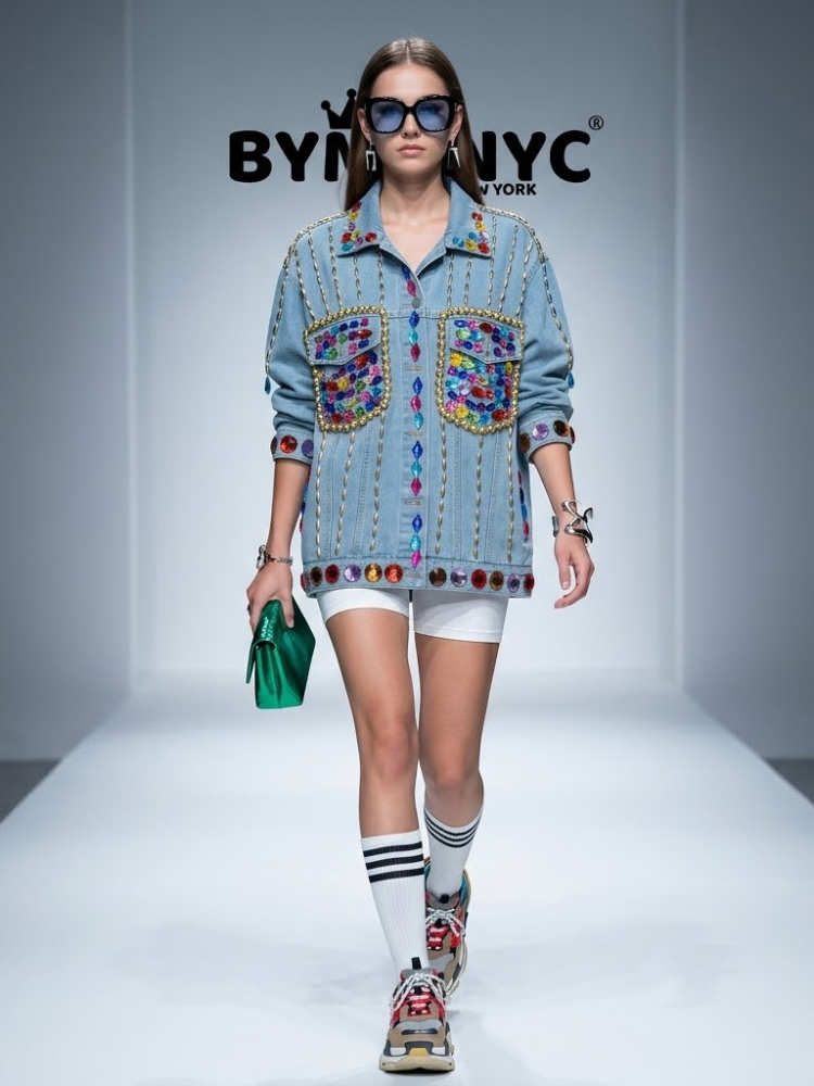 Women's Blue Denim Jacket Oversized Rainbow Crystal Chain BYMANYC ® New York CONTEMPORARY VIBRANT MODERN OUTERWEAR - New Collection