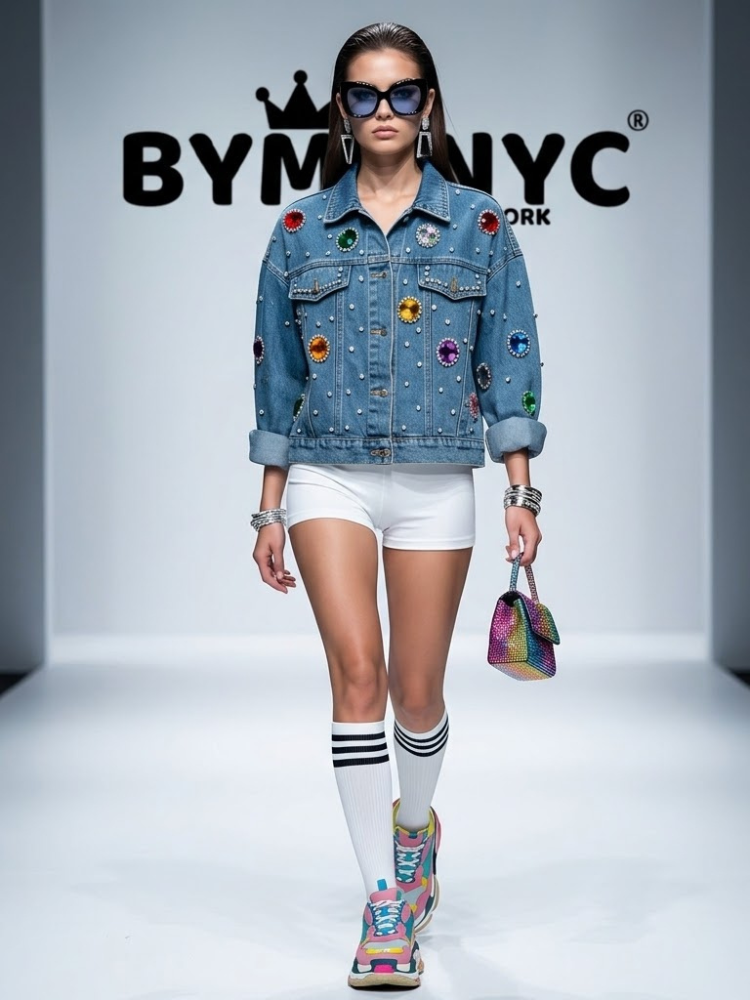 Women's Blue Denim Jacket Oversized Jewel Pearl Embellished BYMANYC ® New York CONTEMPORARY VIBRANT MODERN OUTERWEAR - New Collection