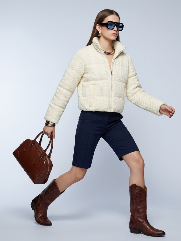 Women's Jacket Cable Knit Puffer BYMANYC ® New York HAMPTONS CREAM ZIPPER - New Collection