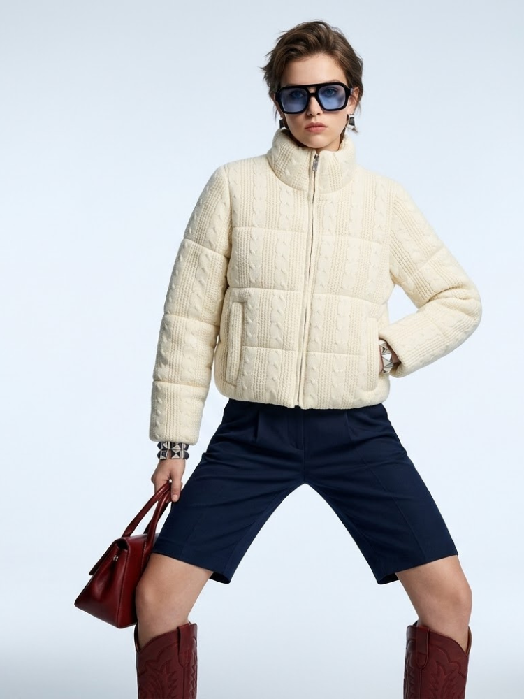 Women's Jacket Cable Knit Puffer BYMANYC ® New York HAMPTONS CREAM ZIPPER - New Collection