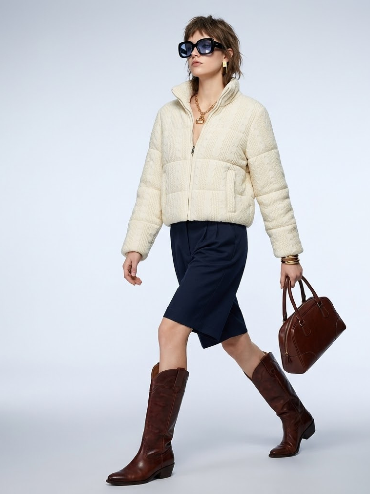 Women's Jacket Cable Knit Puffer BYMANYC ® New York HAMPTONS CREAM ZIPPER - New Collection