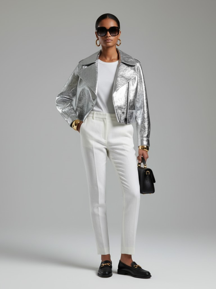 Women's Metallic Vegan Leather Biker Jacket SILVER WALL STREET COUTURE BYMANYC ® New York