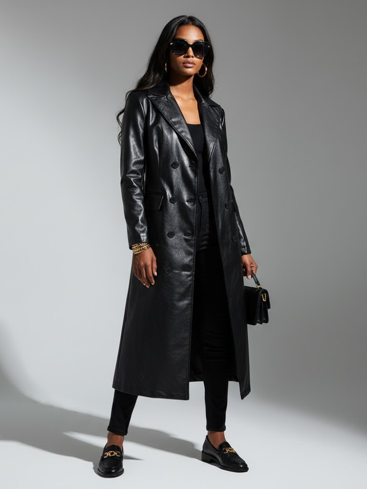 Women's Long Vegan Leather Trench Coat BLACK FINANCIAL COUTURE BYMANYC ® New York
