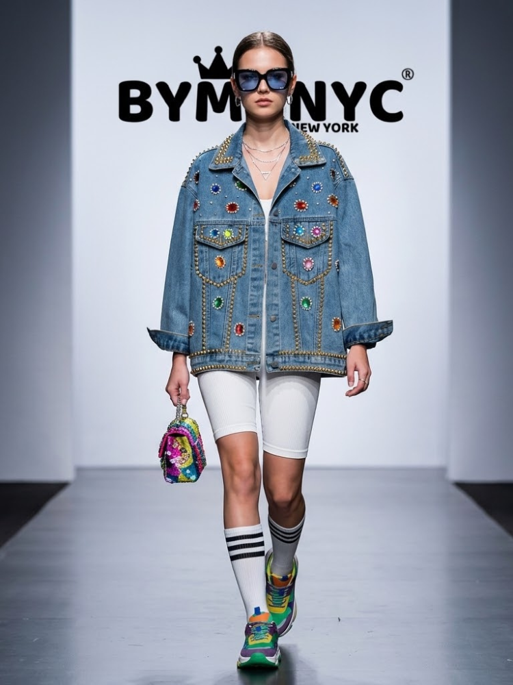 Women's Oversized Jewel & Studded Denim Jacket BYMANYC ® New York CONTEMPORARY VIBRANT MODERN OUTERWEAR - New Collection