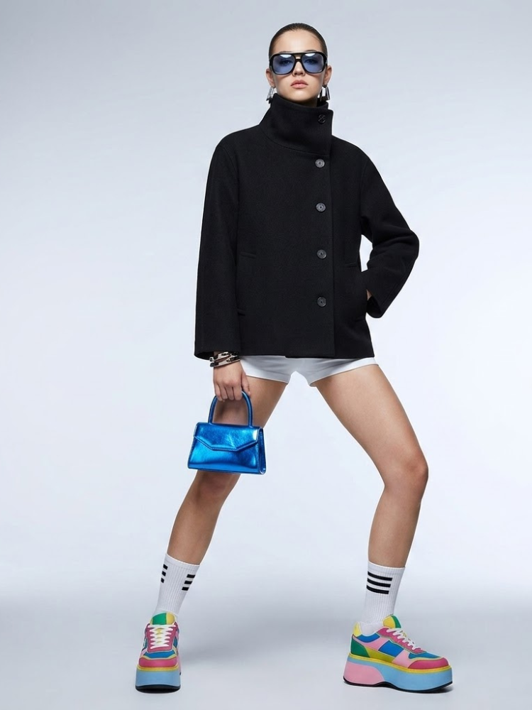 Women's Jacket Black Wool Blend High Collar BYMANYC ® New York SOHO ASYMMETRIC SHORT COAT - New Collection