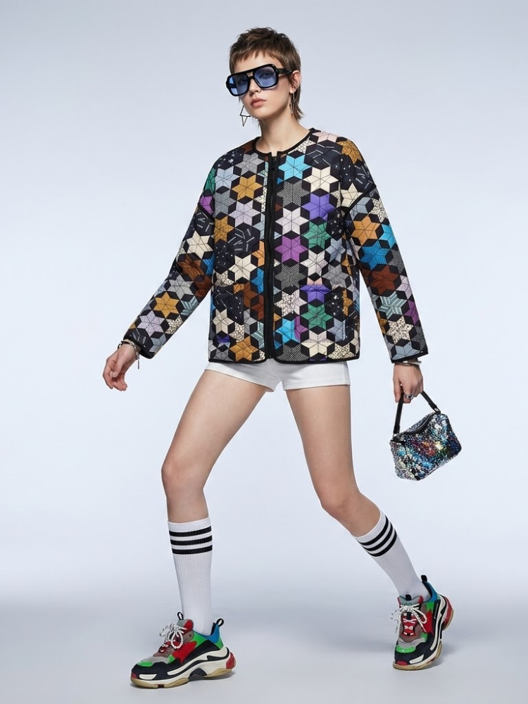 Women's Quilted Jacket Geometric Star Patchwork BYMANYC ® New York CONTEMPORARY VIBRANT MODERN OUTERWEAR - New Collection