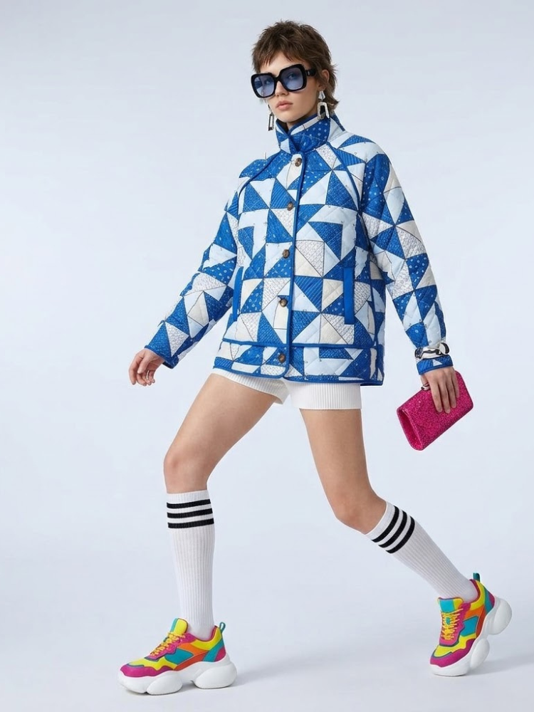 Women's Quilted Jacket Geometric Blue White BYMANYC ® New York CONTEMPORARY VIBRANT MODERN OUTERWEAR - New Collection